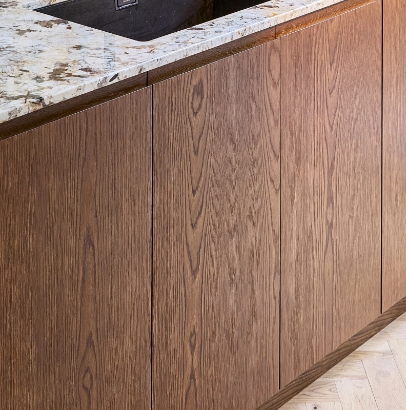 Close-up of a cabinet in Dark Stained Oak finish