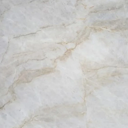 Kitchen scene with a marble-patterned backsplash, a golden faucet, and hanging towels. A wooden shelf holds two pastel mugs and a plant. A top shelf displays a bowl of apples and small decor items against a light-colored wall.