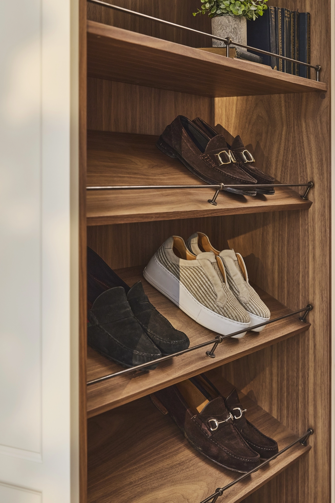 A close-up of a Custom shoe racks,